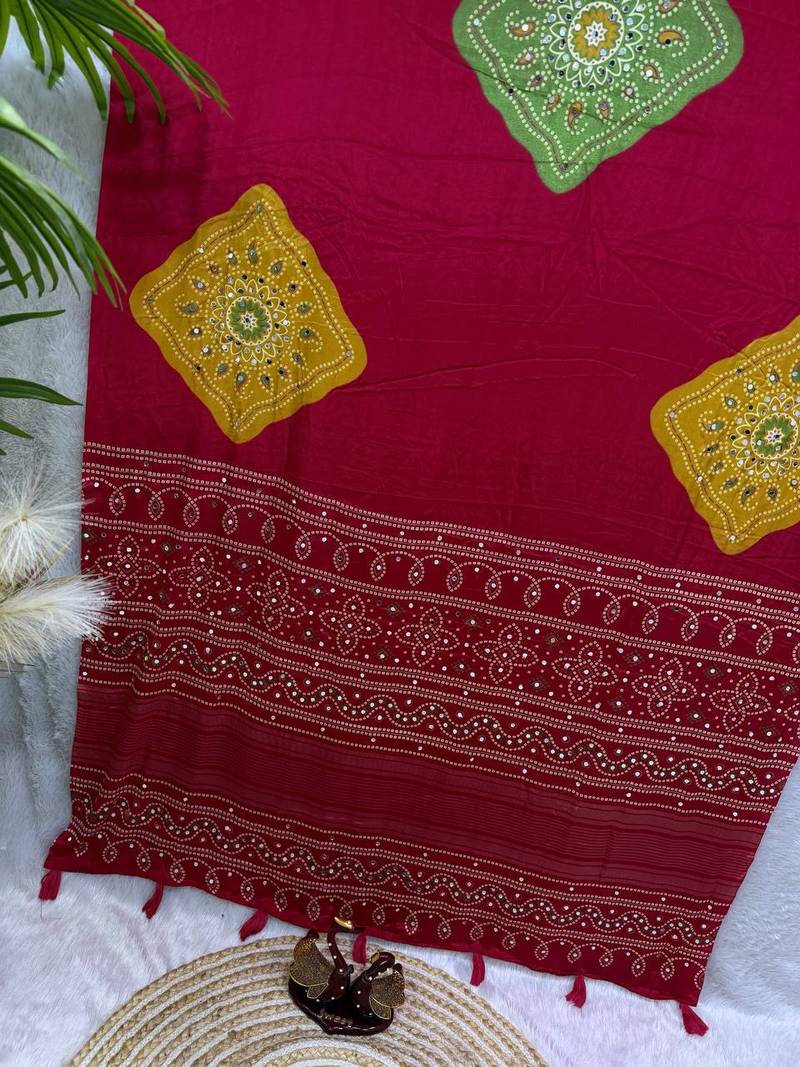 Red color Ajarakh print with Real mirror work and Latkan Satin saree