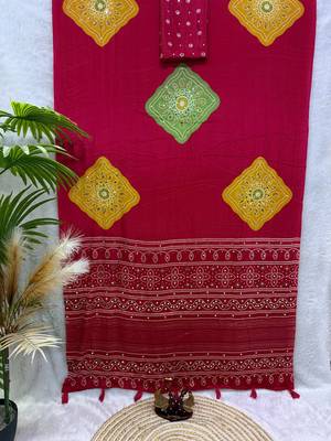 Red color Ajarakh print with Real mirror work and Latkan Satin saree 3
