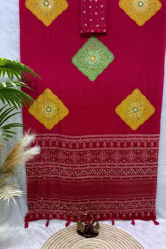 Red color Ajarakh print with Real mirror work and Latkan Satin saree