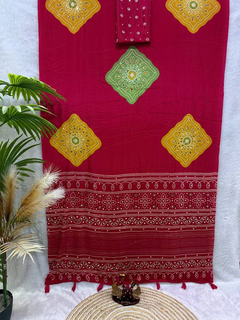 Red color Ajarakh print with Real mirror work and Latkan Satin saree
