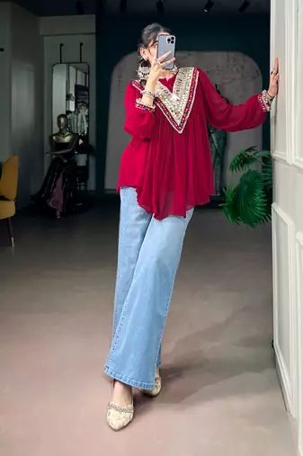 Women gujarati gamthi mirror work marble fabric boho fusion garba top