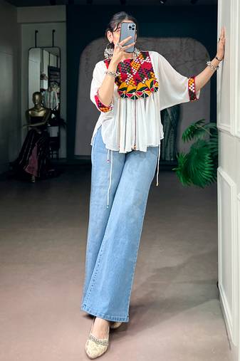 Women gujarati gamthi mirror work marble fabric boho fusion garba top