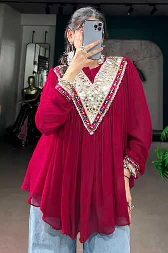 Women gujarati gamthi mirror work marble fabric boho fusion garba top