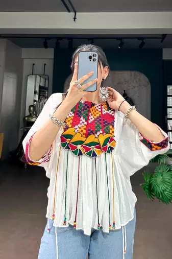 Women gujarati gamthi mirror work marble fabric boho fusion garba top