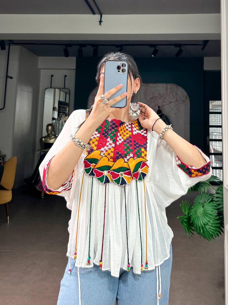 Women gujarati gamthi mirror work marble fabric boho fusion garba top