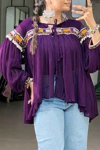 Women gujarati gamthi mirror work marble fabric boho fusion garba top