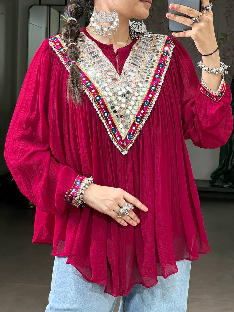 Women gujarati gamthi mirror work marble fabric boho fusion garba top