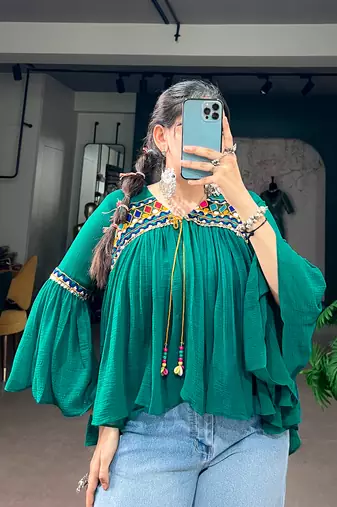 Women gujarati gamthi mirror work marble fabric boho fusion garba top