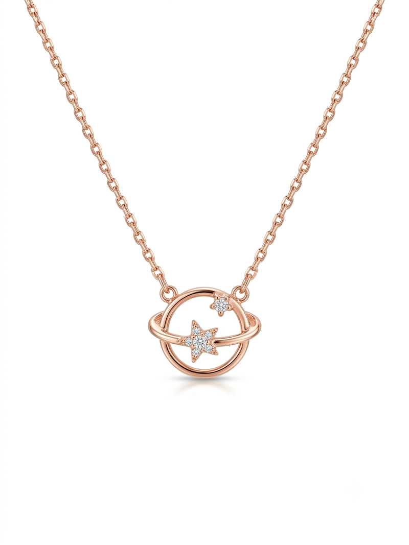 925 Sterling Silver CZ Celestial Orbit Planet & Star Pendant Necklace Set  for Women