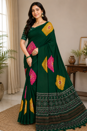 dark green color Ajarakh print with Real mirror work and Latkan Satin saree