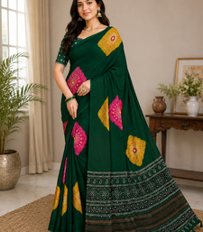 dark green color Ajarakh print with Real mirror work and Latkan Satin saree