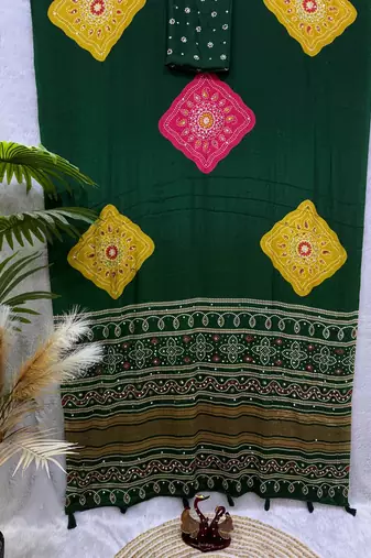 dark green color Ajarakh print with Real mirror work and Latkan Satin saree