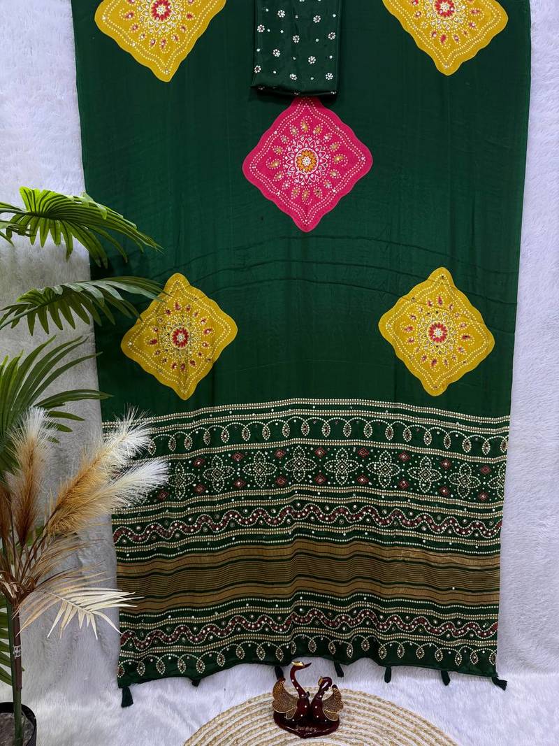 dark green color Ajarakh print with Real mirror work and Latkan Satin saree