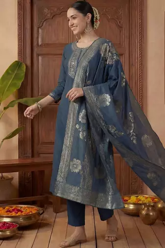 Women Ethnic Motifs Embroidered Regular Kurta with Trousers & With Dupatta