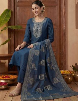 Women Ethnic Motifs Embroidered Regular Kurta with Trousers & With Dupatta 5