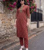 Women Ethnic Motifs Printed Regular Thread Work Pure Cotton Kurta with Trousers