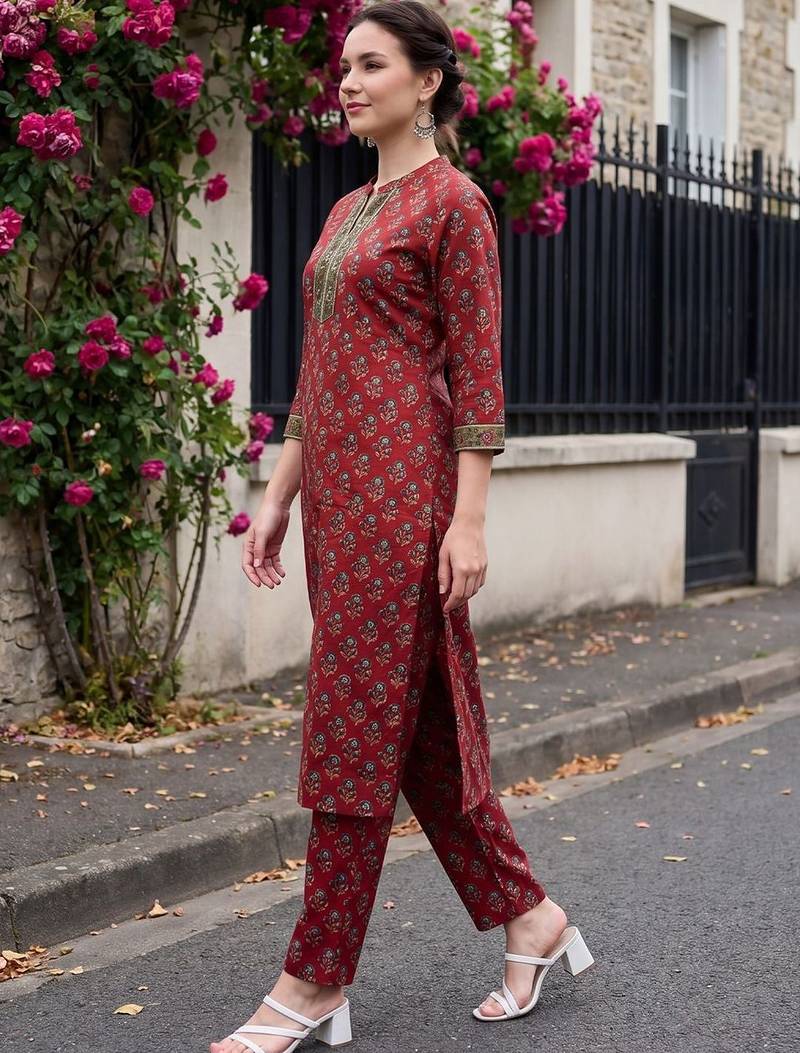 Women Ethnic Motifs Printed Regular Thread Work Pure Cotton Kurta with Trousers