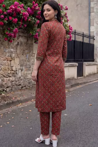Women Ethnic Motifs Printed Regular Thread Work Pure Cotton Kurta with Trousers