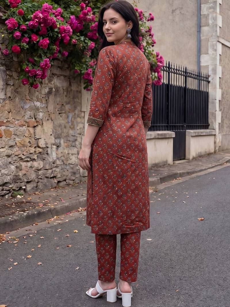 Women Ethnic Motifs Printed Regular Thread Work Pure Cotton Kurta with Trousers