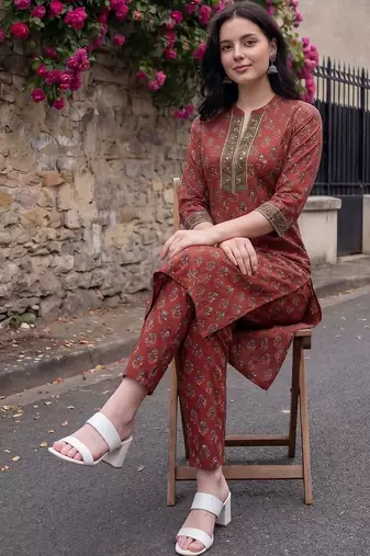 Women Ethnic Motifs Printed Regular Thread Work Pure Cotton Kurta with Trousers