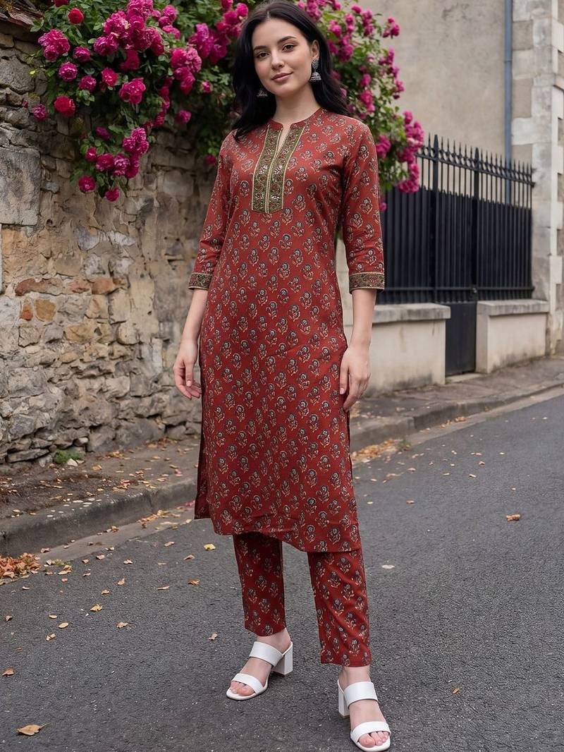 Women Ethnic Motifs Printed Regular Thread Work Pure Cotton Kurta with Trousers