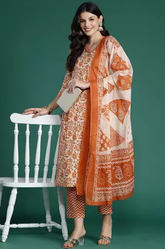 Floral Printed Gotta Patti Pure Cotton Kurta With Trousers & Dupatta