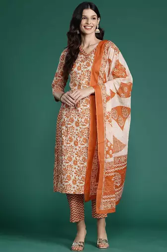 Floral Printed Gotta Patti Pure Cotton Kurta With Trousers & Dupatta