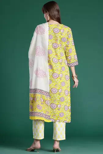 Floral Printed Pure Cotton Kurta with Trousers & Dupatta