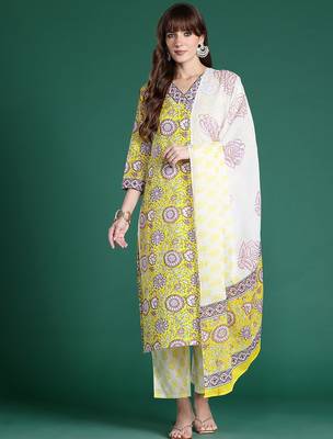 Floral Printed Pure Cotton Kurta with Trousers & Dupatta 7