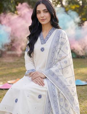 Women Ethnic Motifs Embroidered Regular Pure Cotton Kurta with Trousers & With Dupatta 5