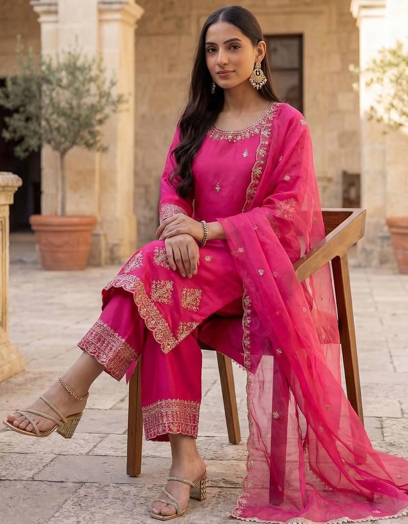 Women Ethnic Motifs Embroidered Regular Thread Work Kurta with Trousers & With Dupatta