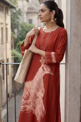 Women Animal Printed Regular Thread Work Kurta with Palazzos