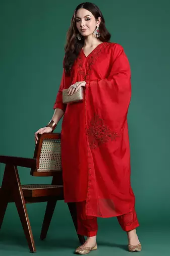 Ethnic Motifs Embroidered Sequinned Kurta with Trousers & With Dupatta