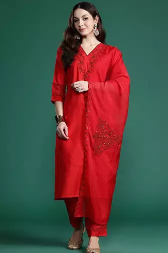 Ethnic Motifs Embroidered Sequinned Kurta with Trousers & With Dupatta