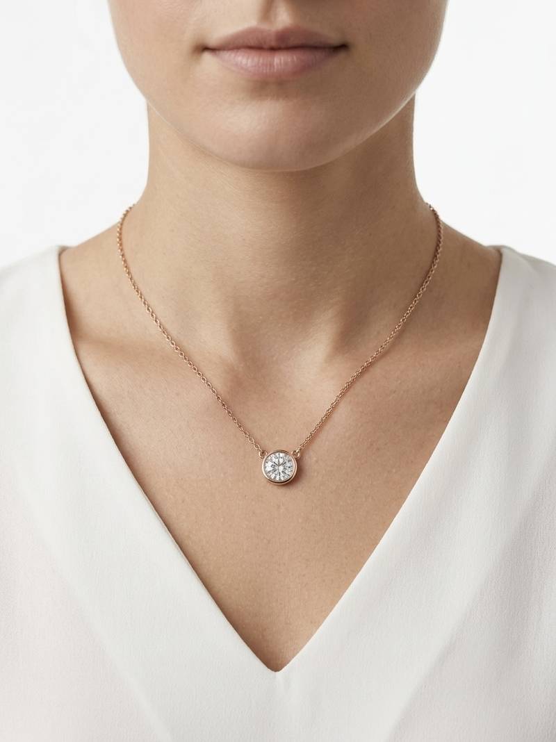 925 Sterling Silver Minimalist Round Solitaire CZ Bezel Pendant Necklace Set for Women