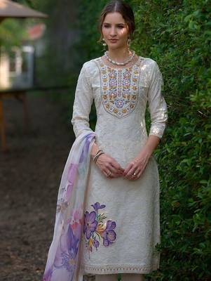 Women Ethnic Motifs Embroidered Regular Thread Work Pure Cotton Kurta with Trousers & With Dupatta 6