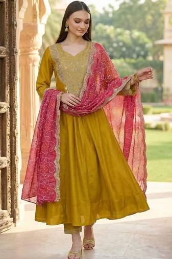 Women Ethnic Motifs Embroidered Panelled Thread Work Kurta with Trousers & With Dupatta