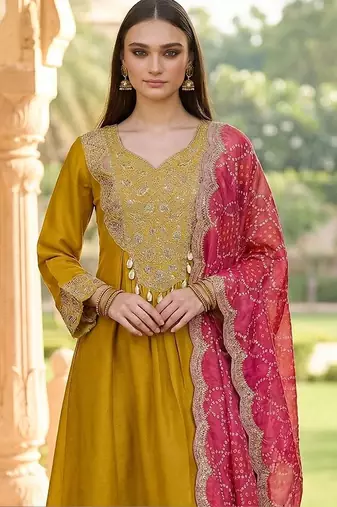 Women Ethnic Motifs Embroidered Panelled Thread Work Kurta with Trousers & With Dupatta