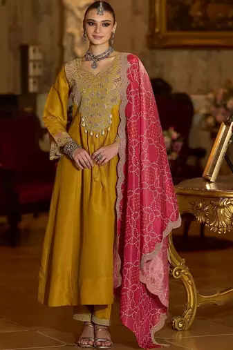 Women Ethnic Motifs Embroidered Panelled Thread Work Kurta with Trousers & With Dupatta
