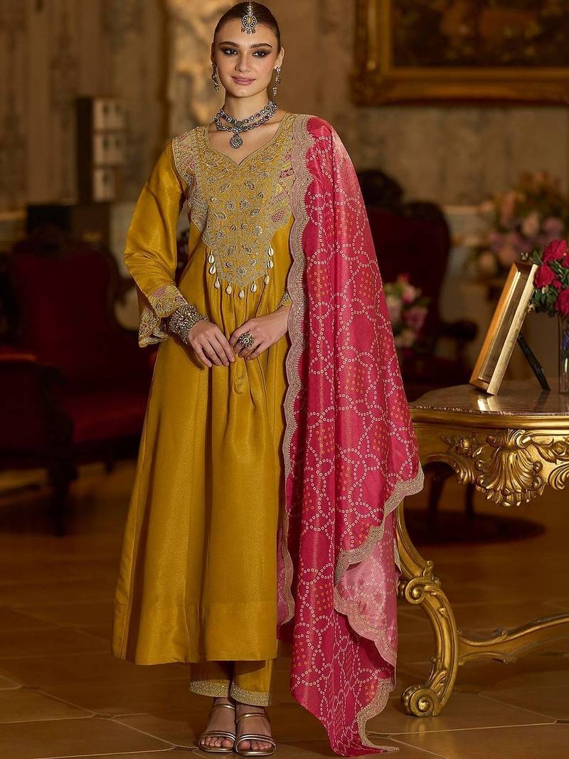 Women Ethnic Motifs Embroidered Panelled Thread Work Kurta with Trousers & With Dupatta