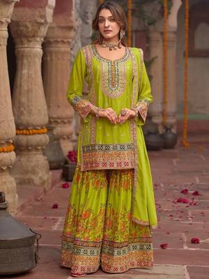 Floral Embroidered Sequinned Chinon Straight Kurta With Sharara & Dupatta 1