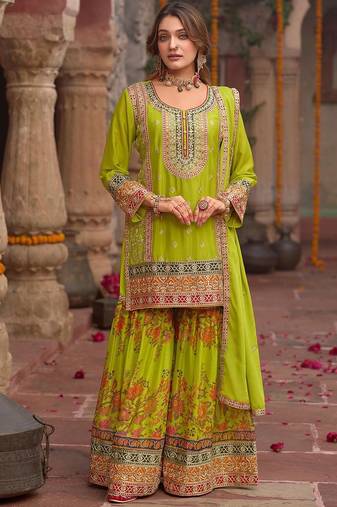 Floral Embroidered Sequinned Chinon Straight Kurta With Sharara & Dupatta