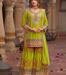 Floral Embroidered Sequinned Chinon Straight Kurta With Sharara & Dupatta