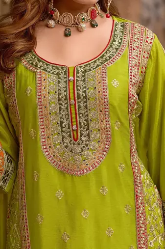 Floral Embroidered Sequinned Chinon Straight Kurta With Sharara & Dupatta