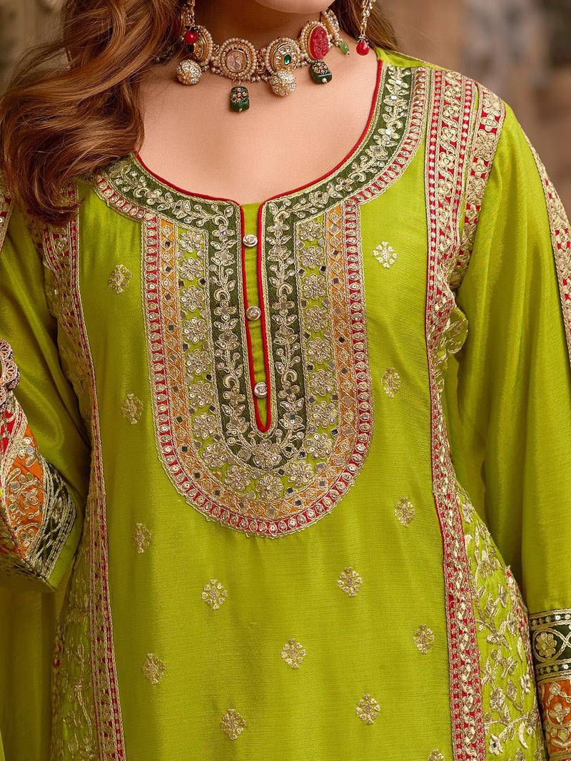 Floral Embroidered Sequinned Chinon Straight Kurta With Sharara & Dupatta
