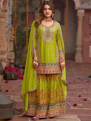 Floral Embroidered Sequinned Chinon Straight Kurta With Sharara & Dupatta 3