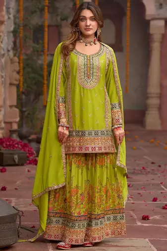 Floral Embroidered Sequinned Chinon Straight Kurta With Sharara & Dupatta