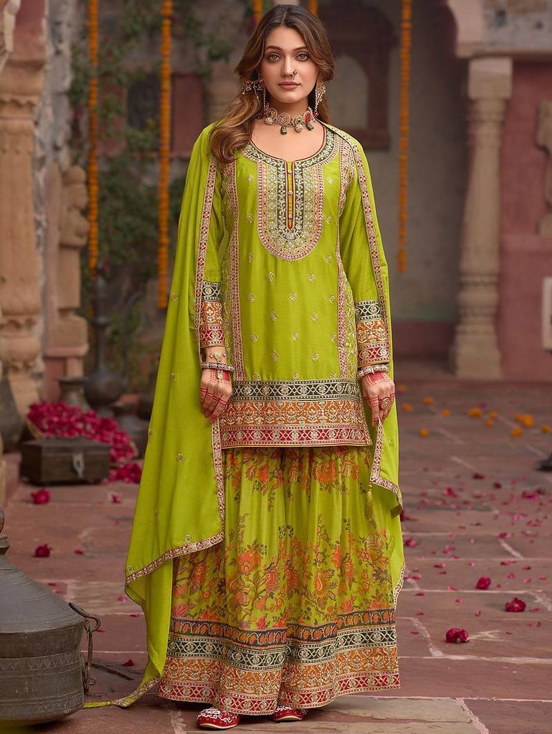Floral Embroidered Sequinned Chinon Straight Kurta With Sharara & Dupatta