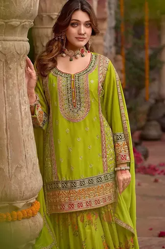 Floral Embroidered Sequinned Chinon Straight Kurta With Sharara & Dupatta