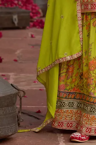 Floral Embroidered Sequinned Chinon Straight Kurta With Sharara & Dupatta